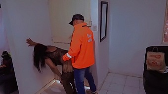 Submissive Woman Gives Delivery Man A Blowjob In Erotic Lingerie