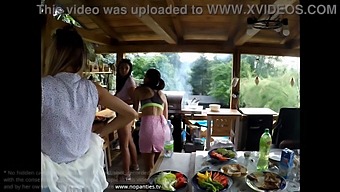 Sensual Outdoor Gathering With Stunning Girls In Mini Skirts And Lingerie