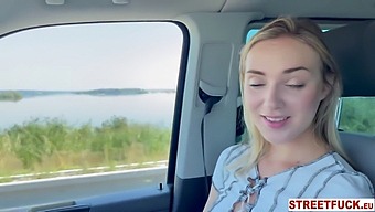 Horny Blonde Babe Hitchhiking And Cheating On Her Lover In A Car